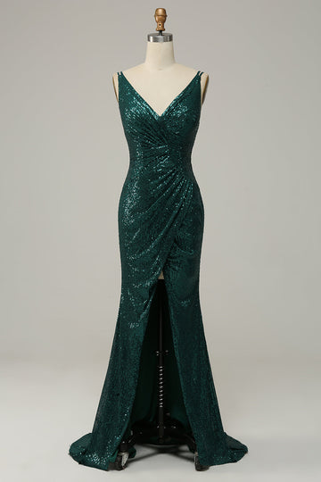 Spaghetti di paillettes verde scuro Abito Prom con spacco